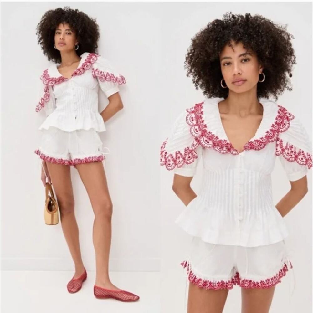 NEW! DAMSON MADDER 'Caroline' Cherry Embroidered Organic Cotton Peplum Top (10)